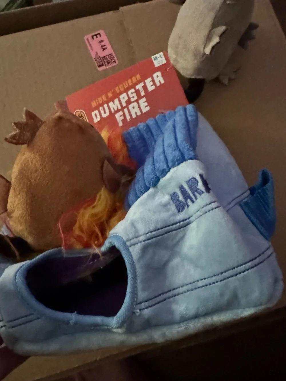 Bark Box Multi- part dog toy NEW M-L Dumpster Fire 3 in 1 enrichment dog game
